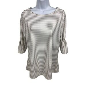 Ann Taylor Factory Womens Top Size L White w Black Stripe 3/4 Sleeves Round Neck